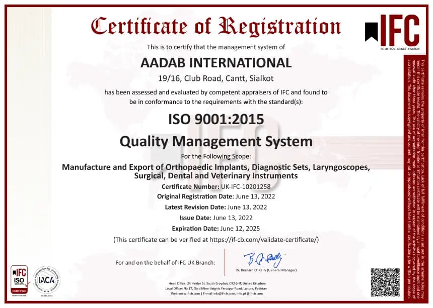 ISO 9001:2015 certificate for Aadab International